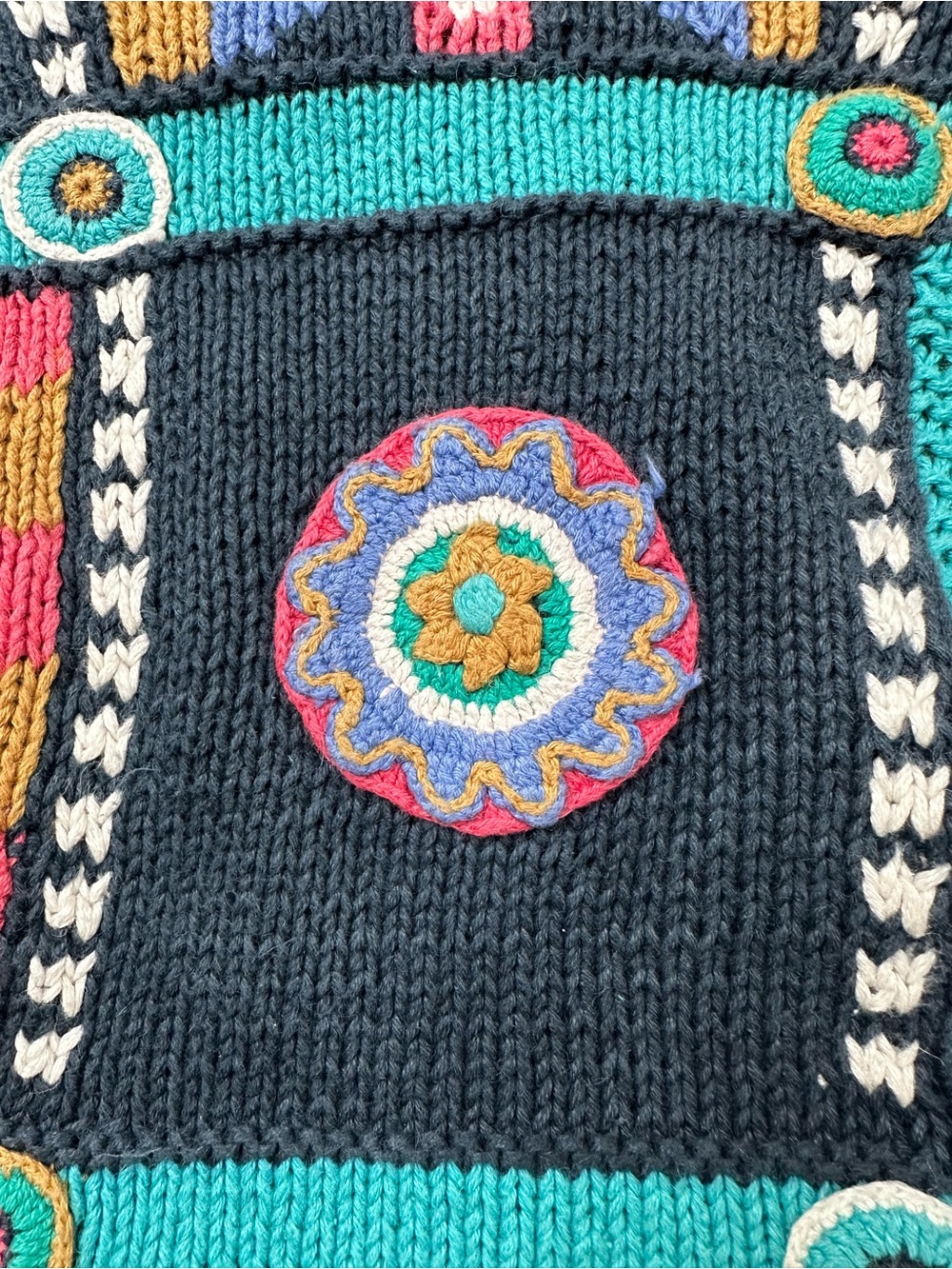 Hand-Knit Patchwork 80s 90s Bold Graphic Quirky Maximalist Oversized Sweater ~ M - Picture 5 of 17